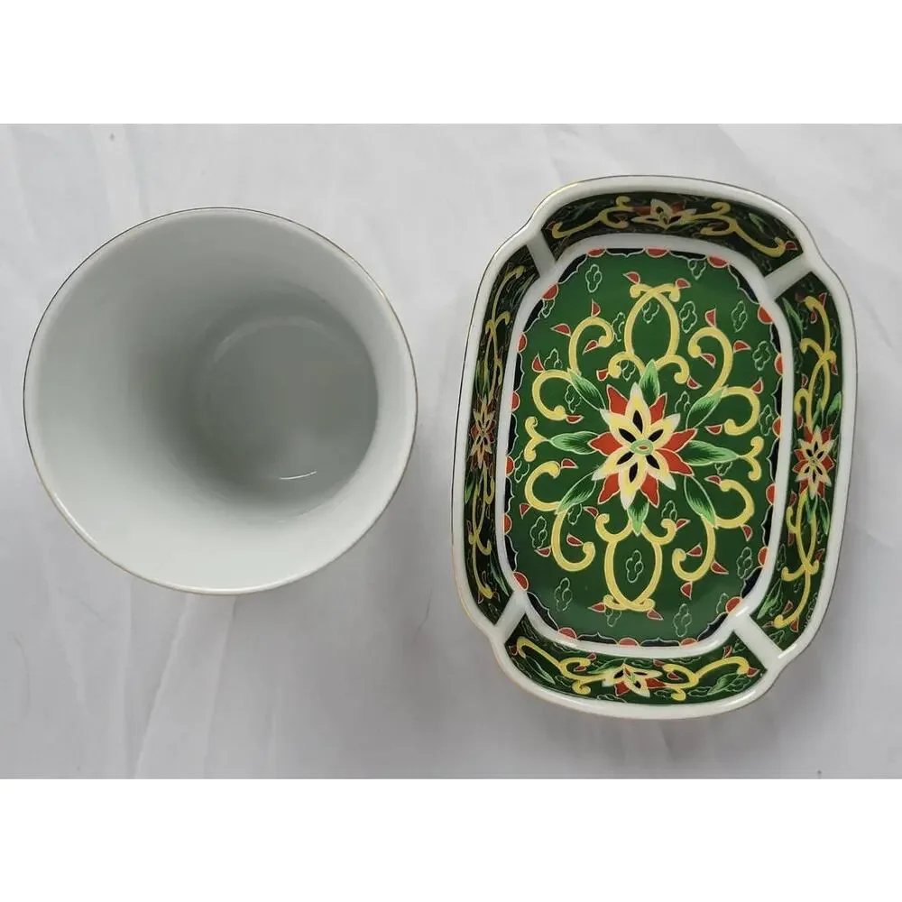 Kashmir Takahashi San Franscisco 1981 Hand Decorated Rectangular Bowl and Cup